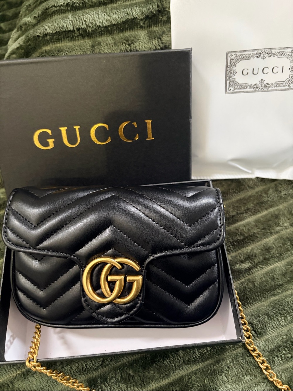 Gucci Black Matelassé Mini Shoulder Bag with Gold GG Chain - Picture 6 of 7